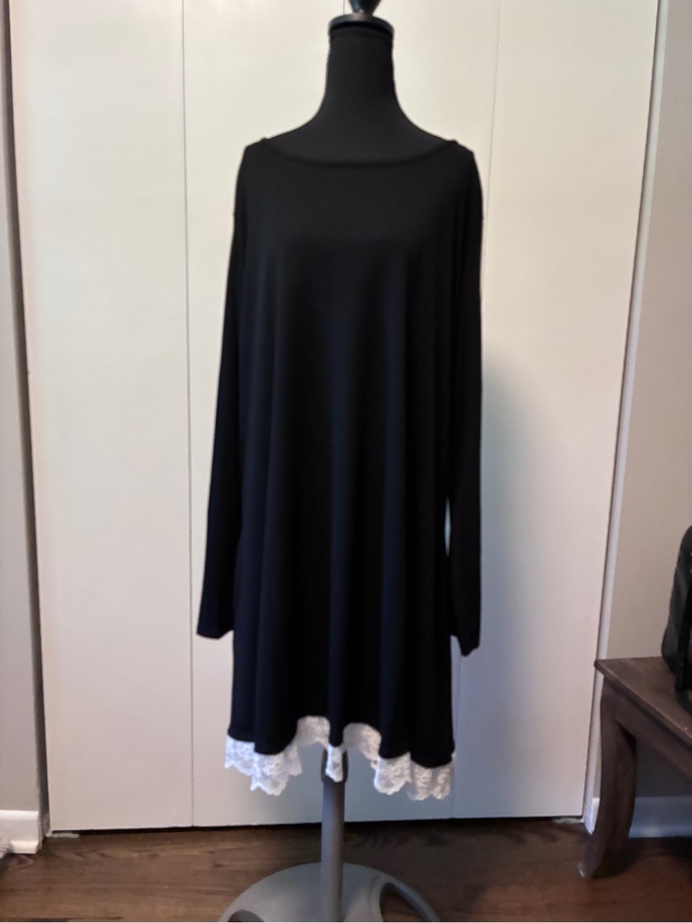 Black Long Sleeve Swing Dress/Tunic with White Lace Hem